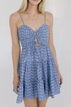 Ophelia Sleeveless Cut Out Embroidered Linen Mini Dress Blue