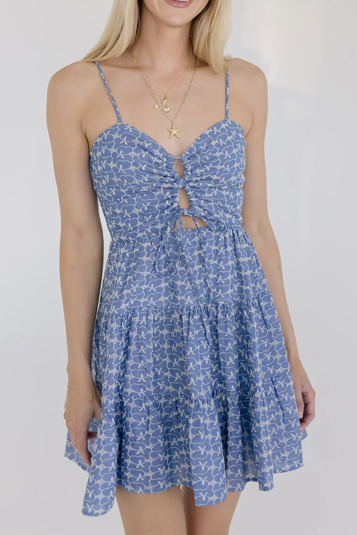 Ophelia Sleeveless Cut Out Embroidered Linen Mini Dress Blue