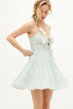 Ophelia Sleeveless Cut Out Stripe Print Linen Mini Dress Green