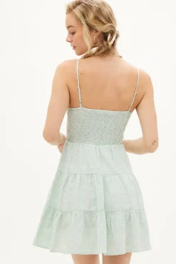 Ophelia Sleeveless Cut Out Stripe Print Linen Mini Dress Green
