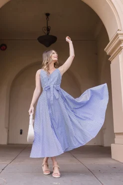Palmer Sleeveless Stripe Print Waist Tie Maxi Dress Blue