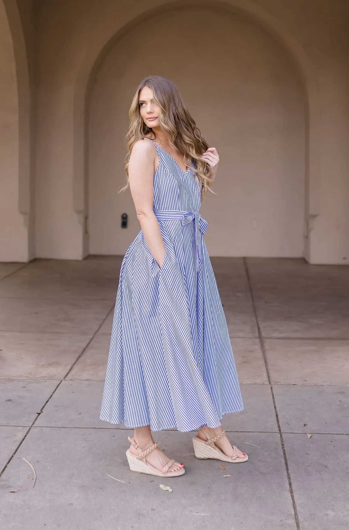 Palmer Sleeveless Stripe Print Waist Tie Maxi Dress Blue