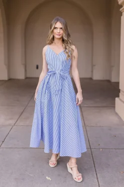 Palmer Sleeveless Stripe Print Waist Tie Maxi Dress Blue