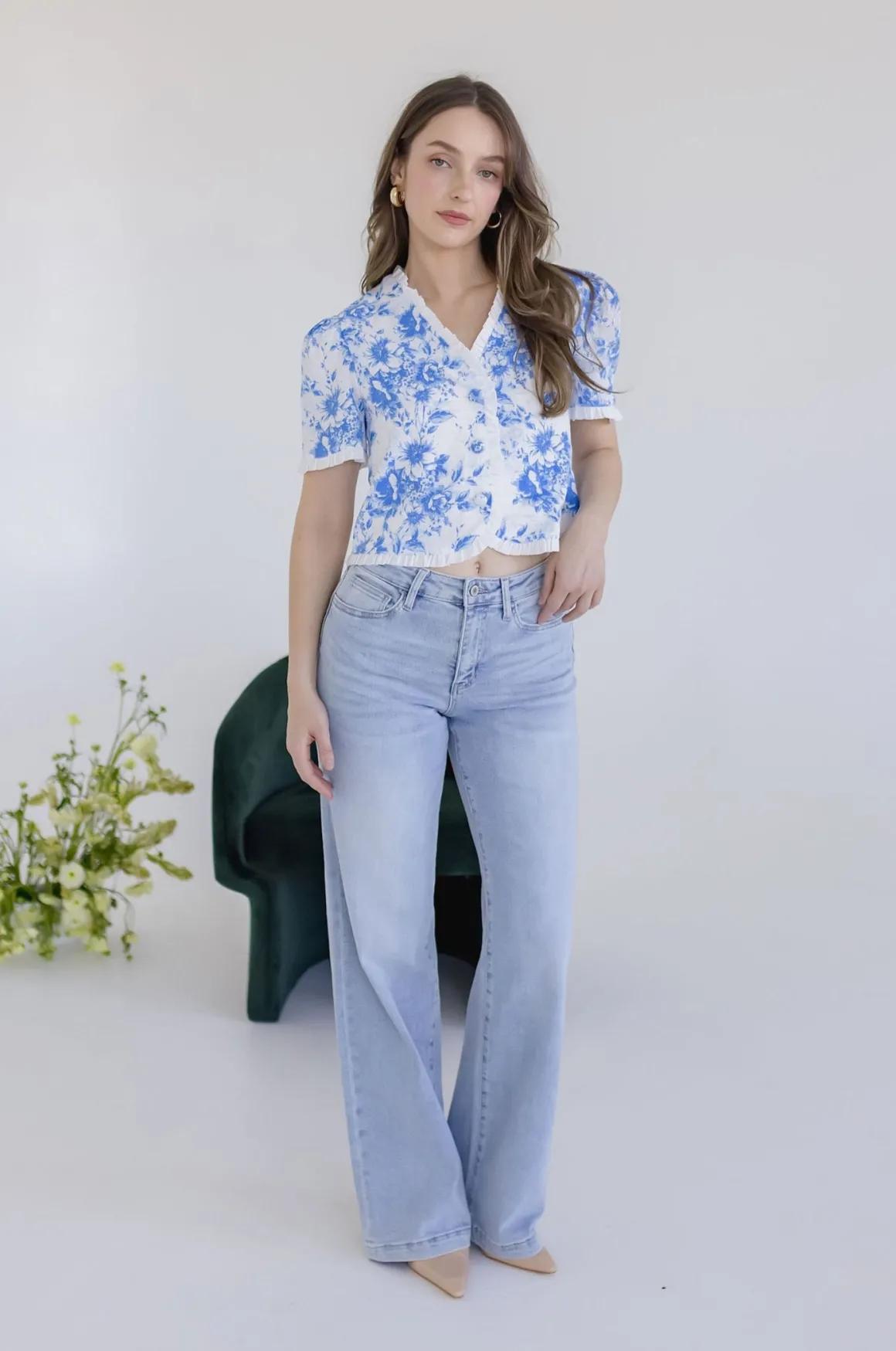 Paloma Short Sleeve Button Down Floral Print Top Blue