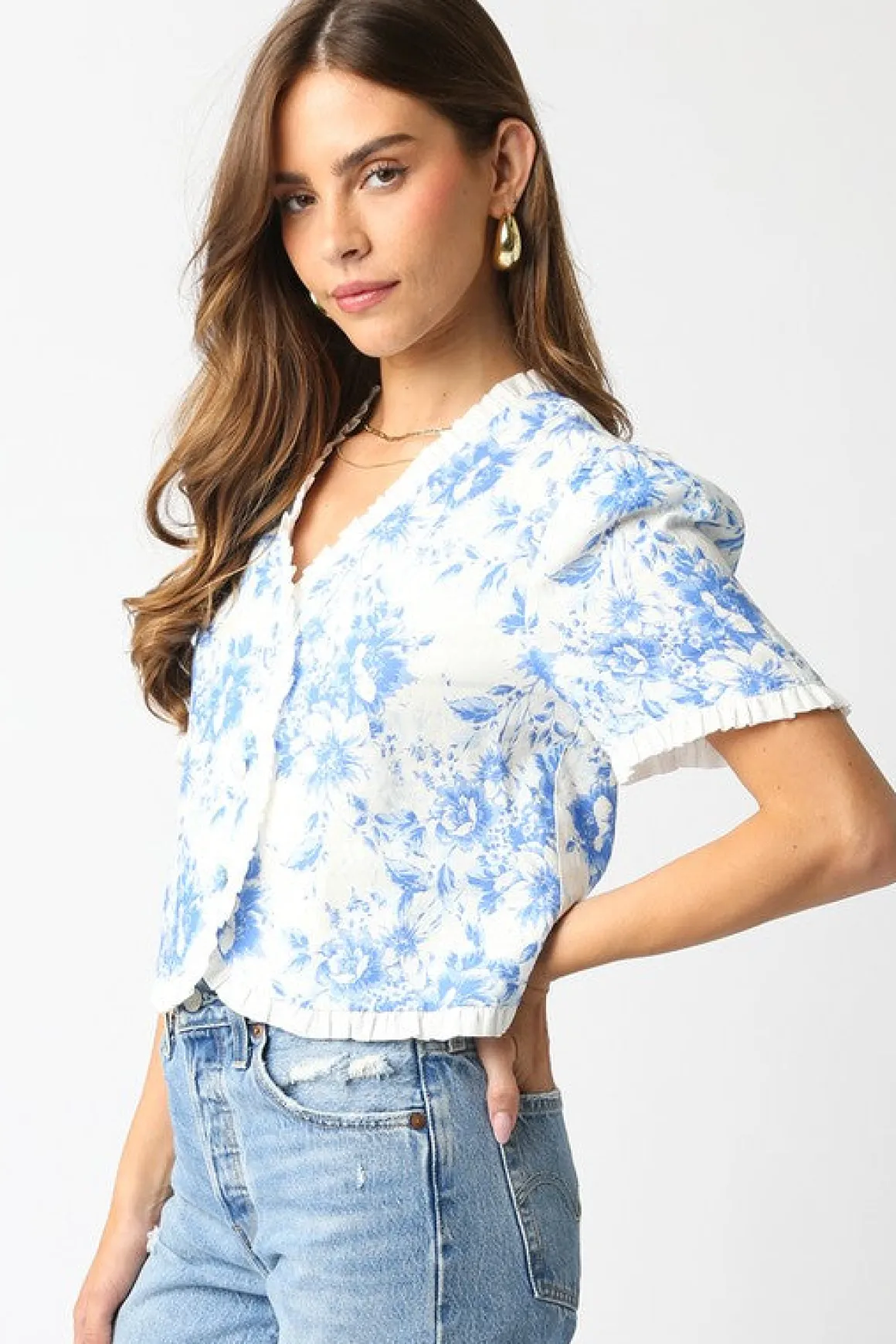 Paloma Short Sleeve Button Down Floral Print Top Blue