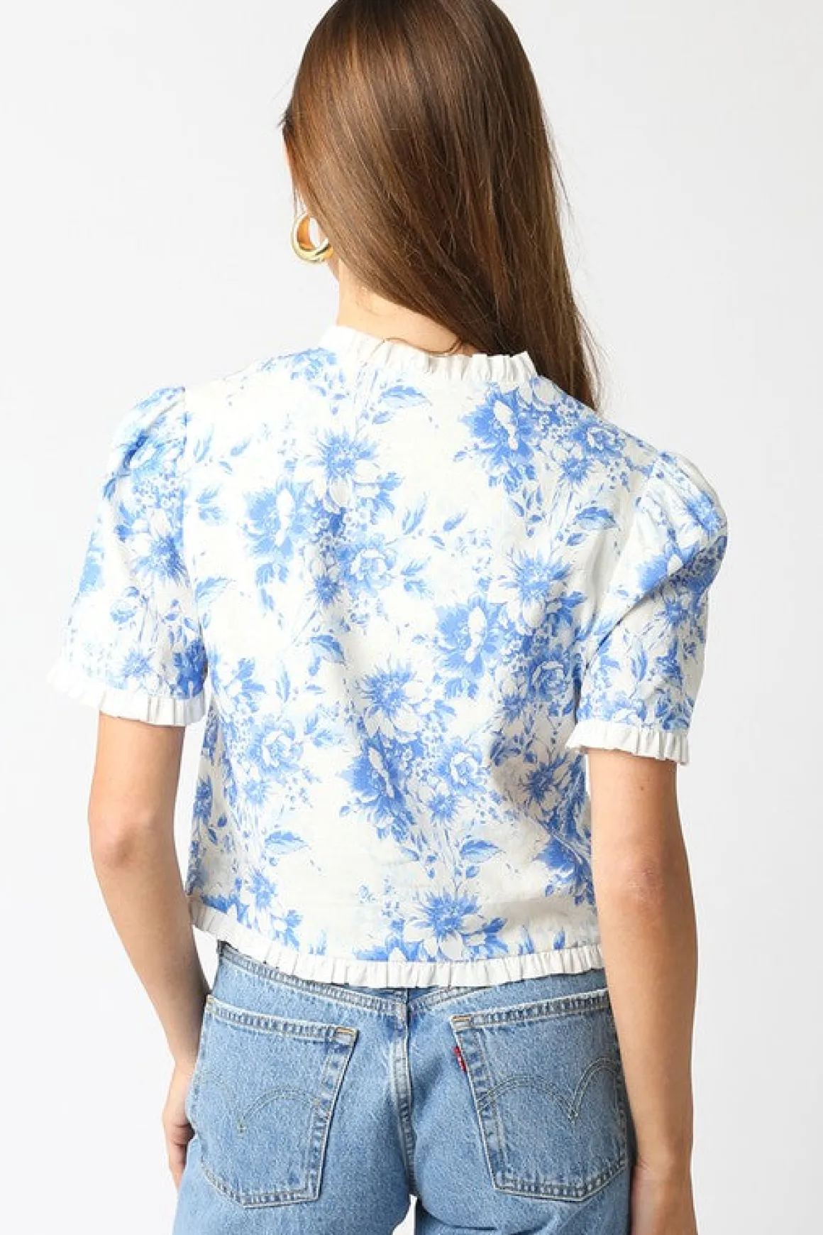 Paloma Short Sleeve Button Down Floral Print Top Blue