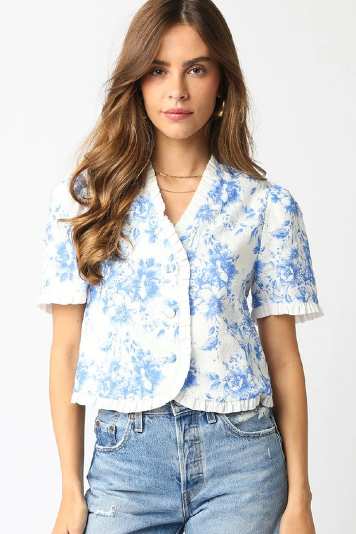 Paloma Short Sleeve Button Down Floral Print Top Blue