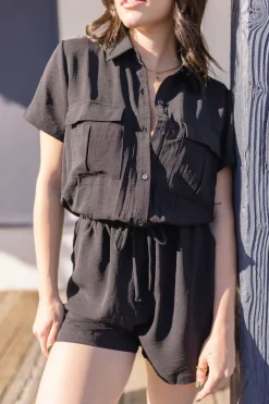 Penelope Short Sleeve Button Down Waist Tie Romper Black
