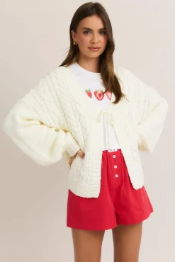 Peyton Long Sleeve Front Tie Knit Cardigan White