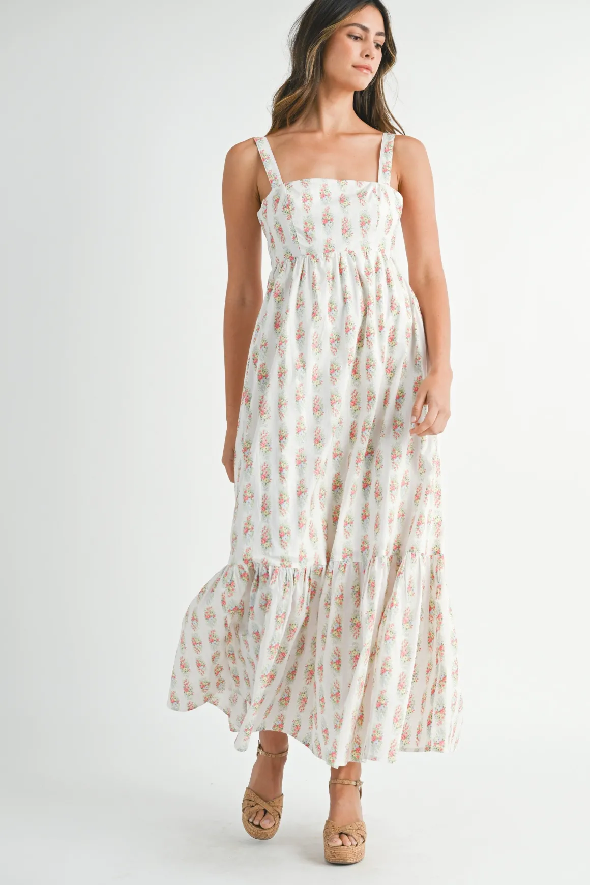 Phoenix Sleeveless Floral Print Babydoll Tiered Maxi Dress White