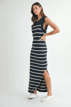 Posie Sleeveless Stripe Print Knit Midi Dress Navy