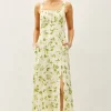 Rachel Sleeveless Floral Print Linen Midi Dress Green