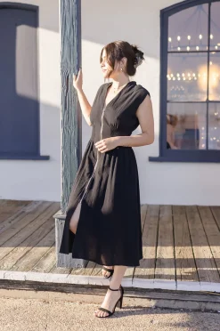 Ramona Shoulder Pad Sleeve Zip Up Midi Dress Black
