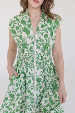 Ramona Shoulder Pad Sleeve Floral Print Midi Dress Green