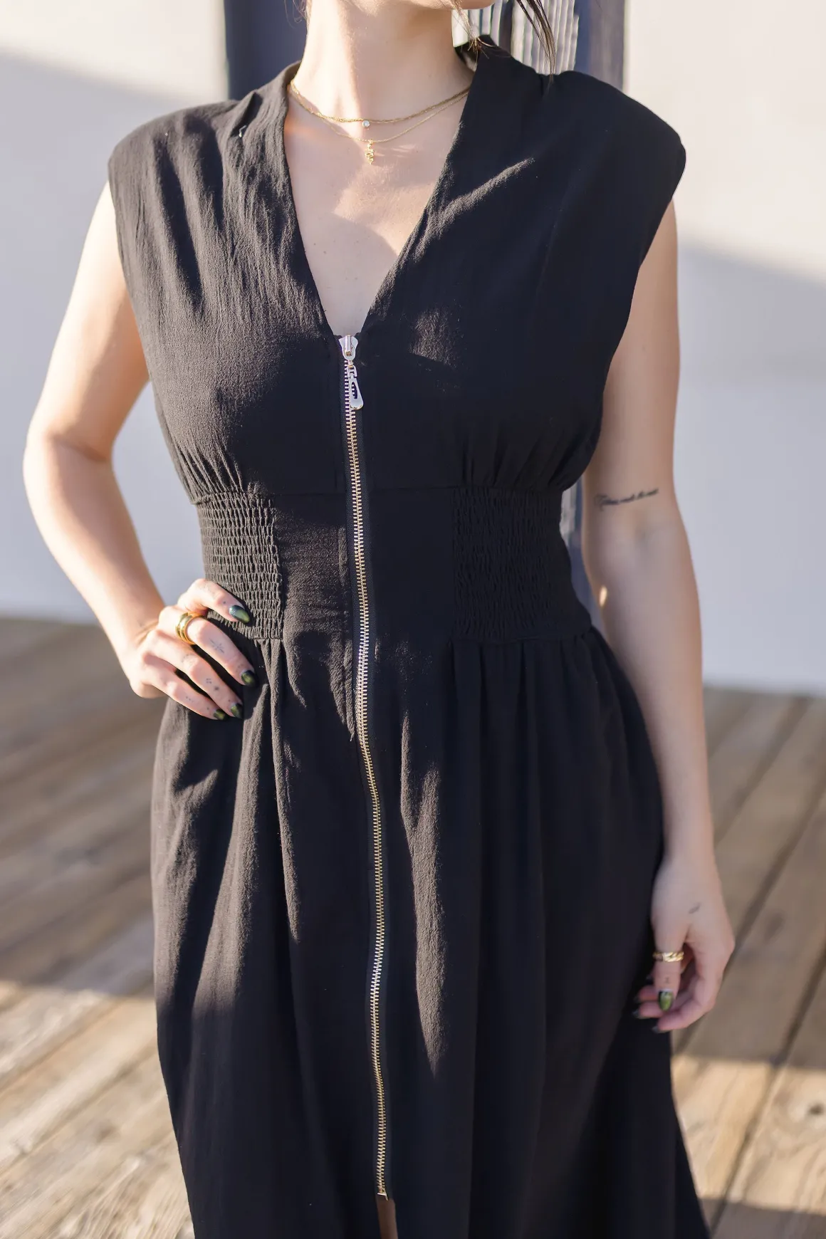 Ramona Shoulder Pad Sleeve Zip Up Midi Dress Black
