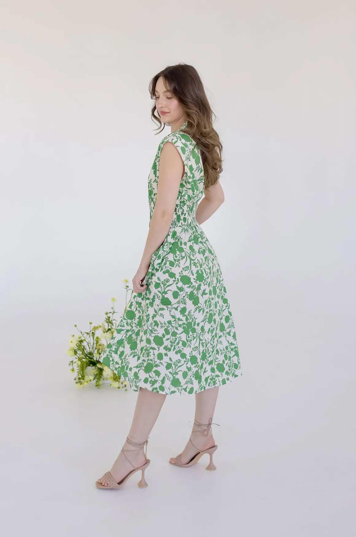 Ramona Shoulder Pad Sleeve Floral Print Midi Dress Green