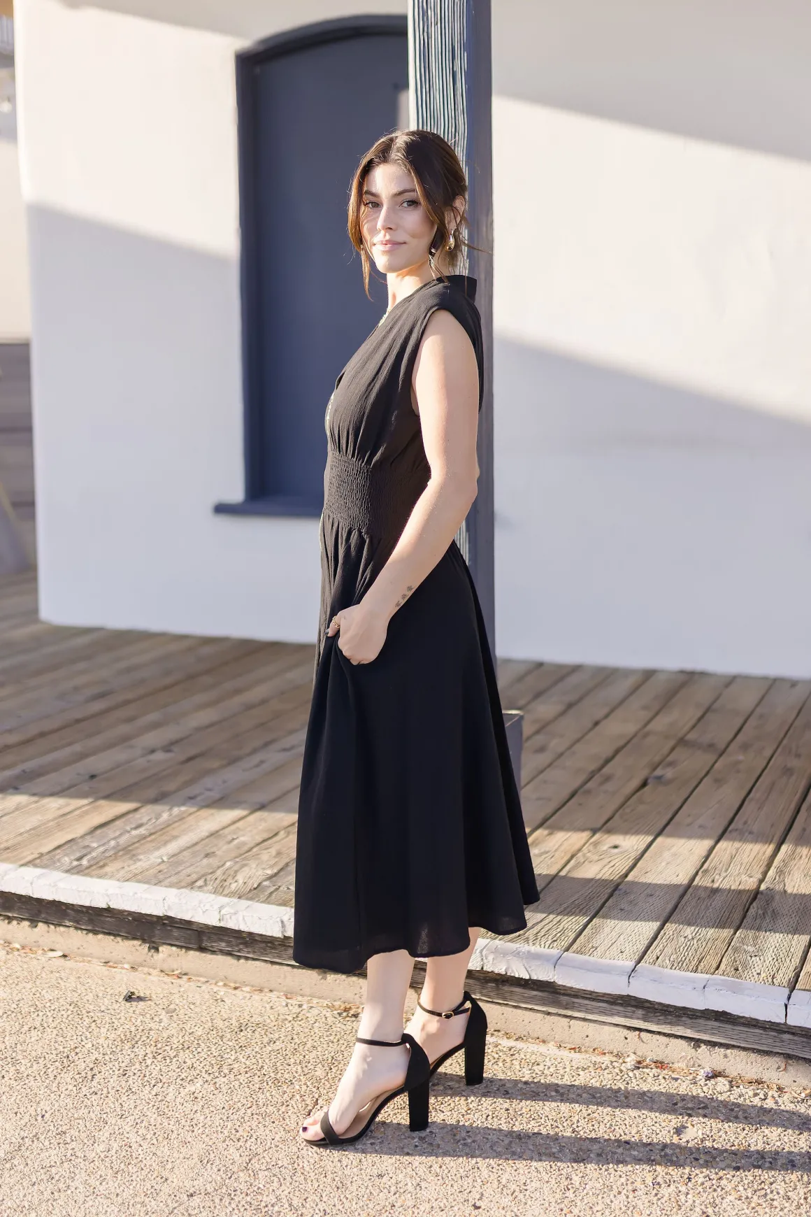 Ramona Shoulder Pad Sleeve Zip Up Midi Dress Black