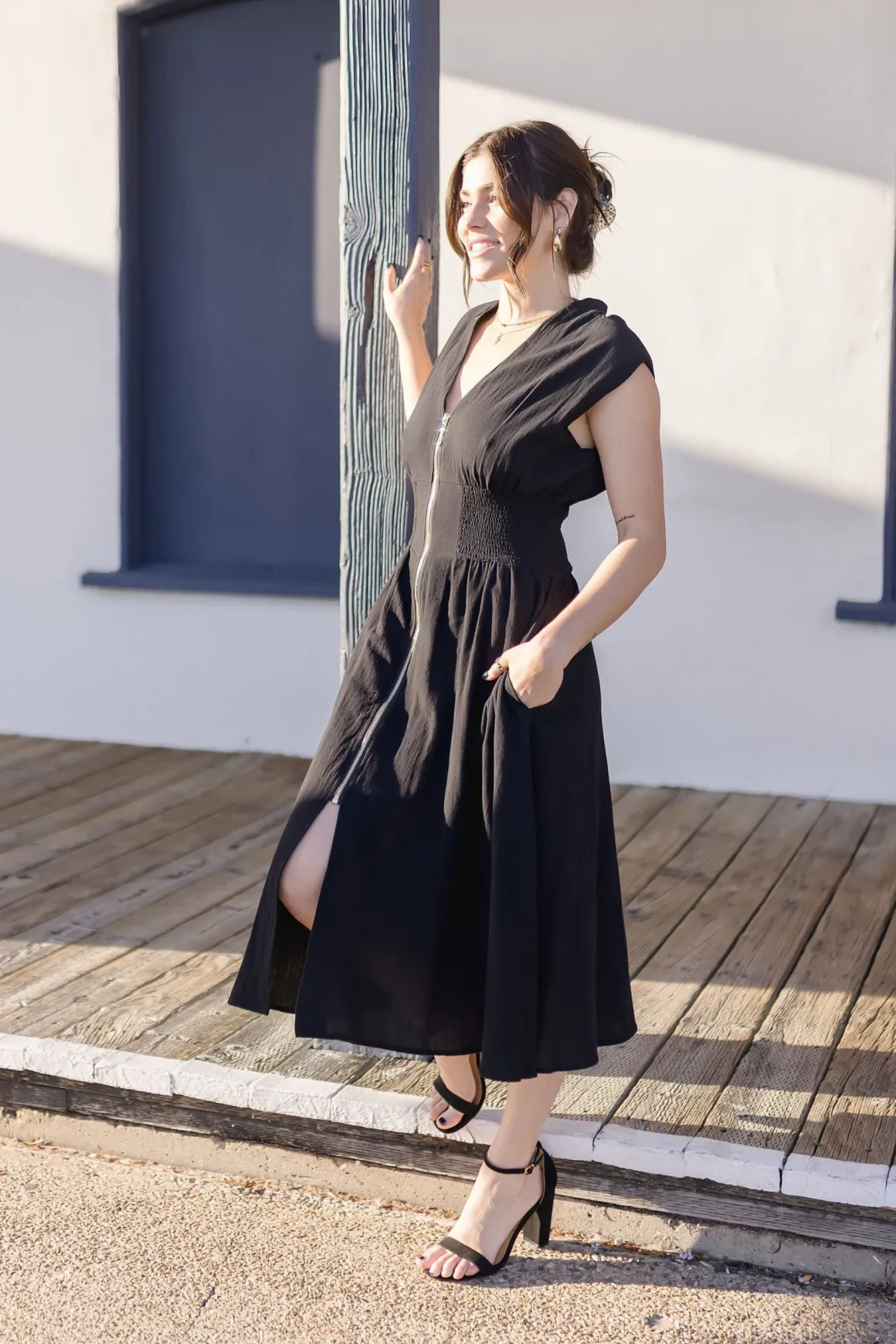 Ramona Shoulder Pad Sleeve Zip Up Midi Dress Black