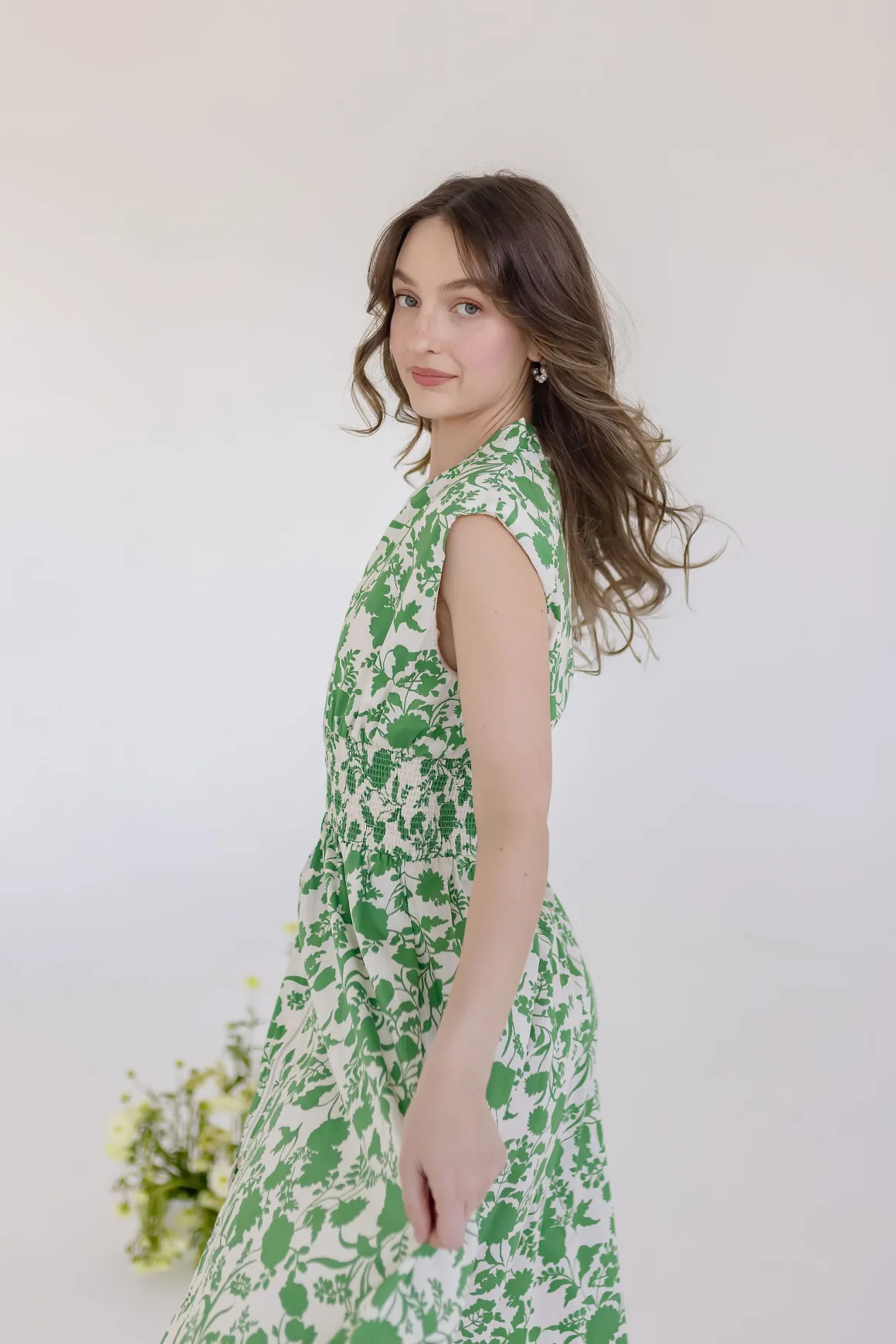 Ramona Shoulder Pad Sleeve Floral Print Midi Dress Green