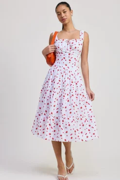 Reba Sleeveless Strawberry Print Poplin Midi Dress White