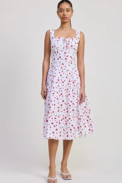 Reba Sleeveless Strawberry Print Poplin Midi Dress White