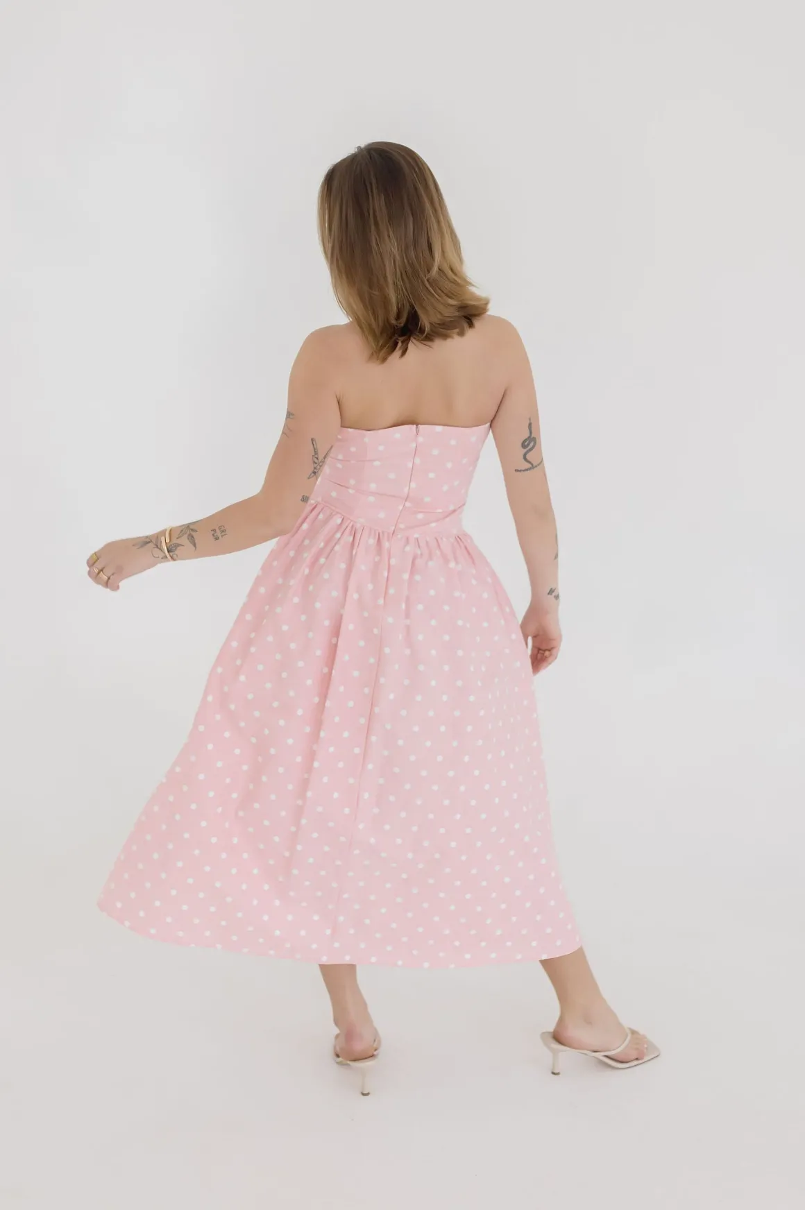 Reese Sleeveless Polka Dot Print Midi Dress Pink