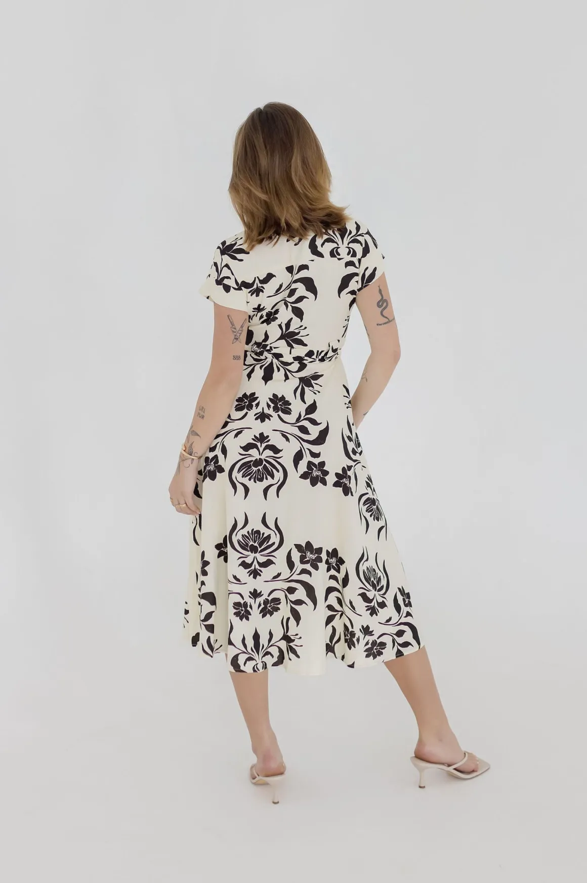 Renata Short Sleeve Button Down Waist Tie Floral Print Midi Dress White