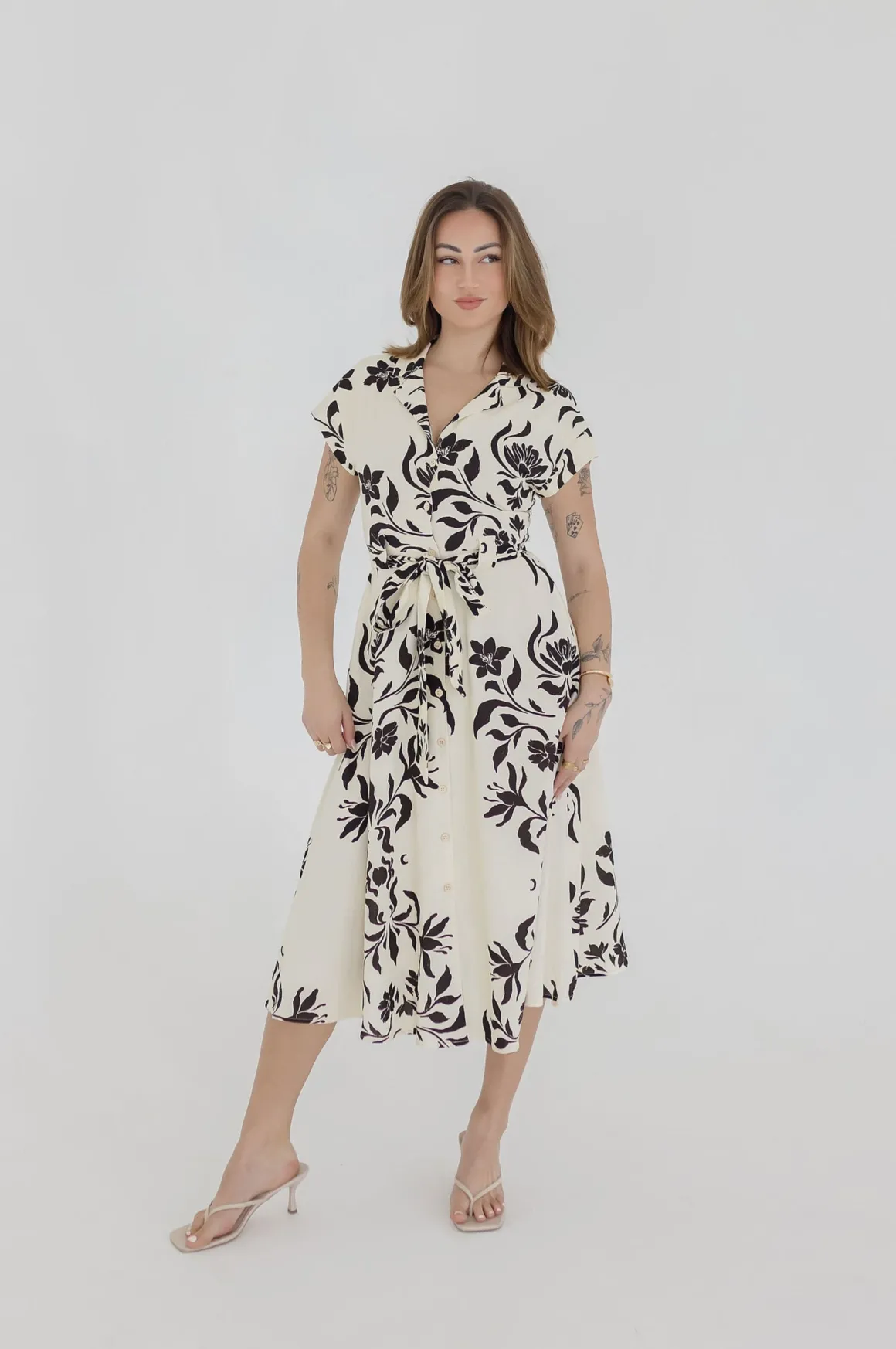Renata Short Sleeve Button Down Waist Tie Floral Print Midi Dress White