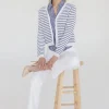 Robin Long Sleeve Button Down Stripe Print Knit Cardigan Navy