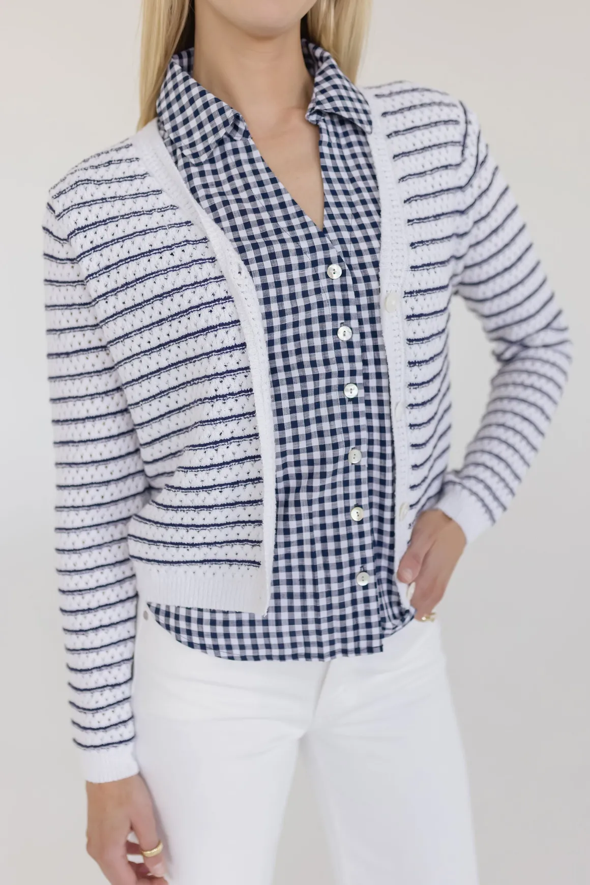 Robin Long Sleeve Button Down Stripe Print Knit Cardigan Navy
