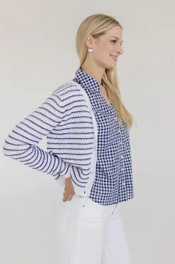 Robin Long Sleeve Button Down Stripe Print Knit Cardigan Navy
