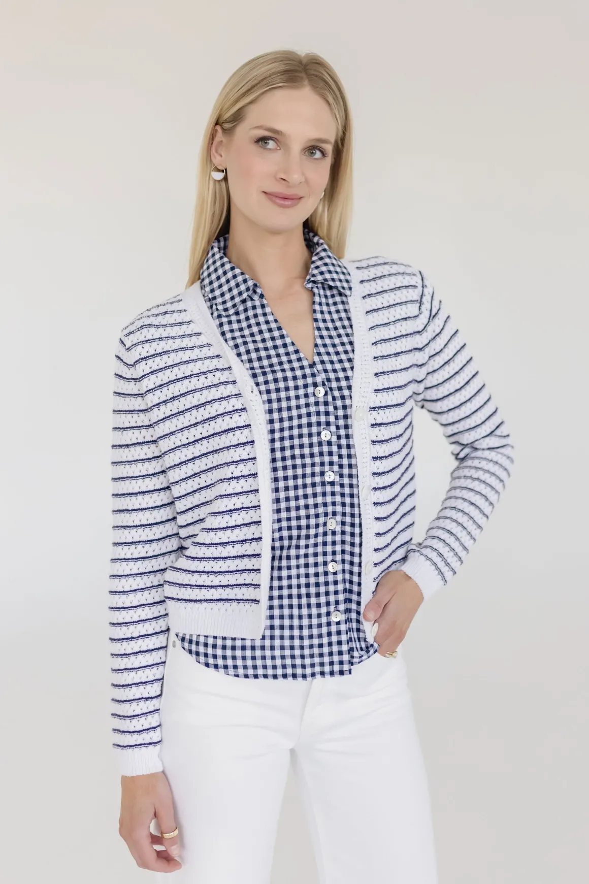 Robin Long Sleeve Button Down Stripe Print Knit Cardigan Navy