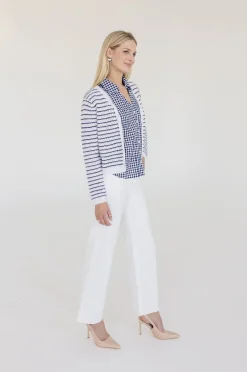 Robin Long Sleeve Button Down Stripe Print Knit Cardigan Navy