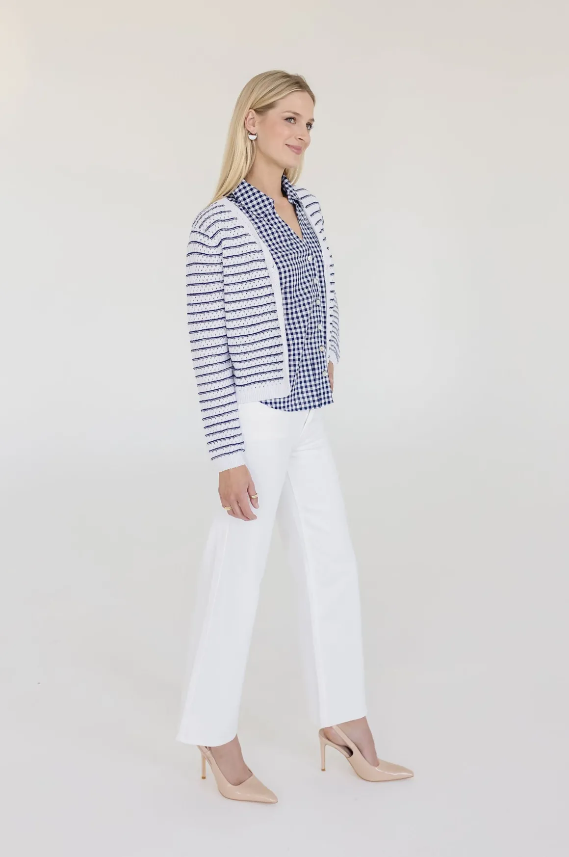 Robin Long Sleeve Button Down Stripe Print Knit Cardigan Navy