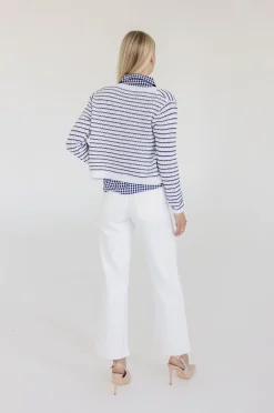 Robin Long Sleeve Button Down Stripe Print Knit Cardigan Navy