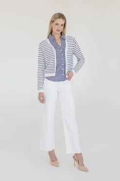 Robin Long Sleeve Button Down Stripe Print Knit Cardigan Navy