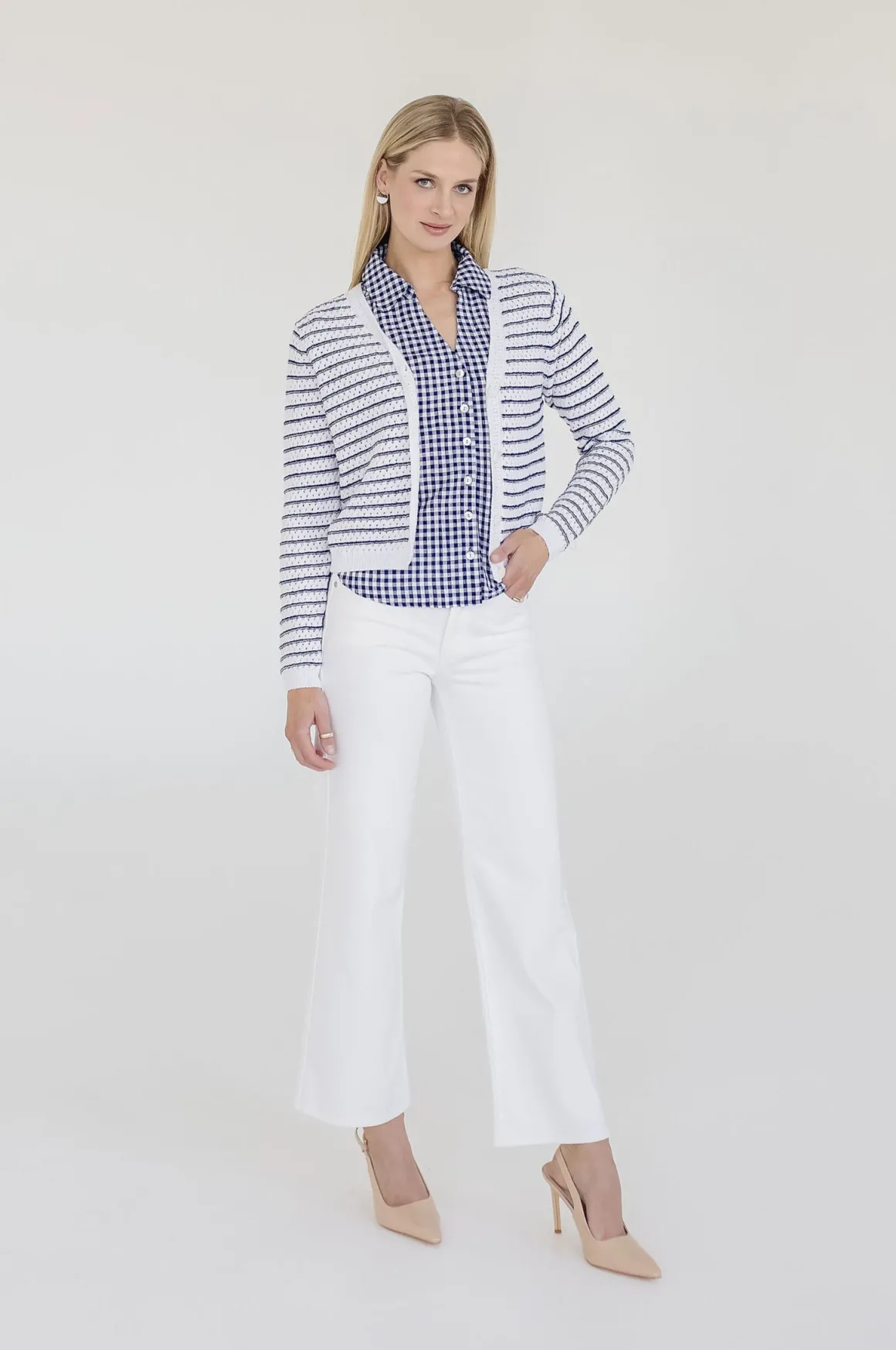 Robin Long Sleeve Button Down Stripe Print Knit Cardigan Navy
