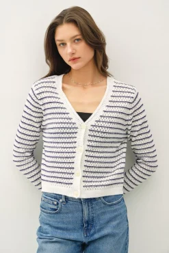 Robin Long Sleeve Button Down Stripe Print Knit Cardigan Navy
