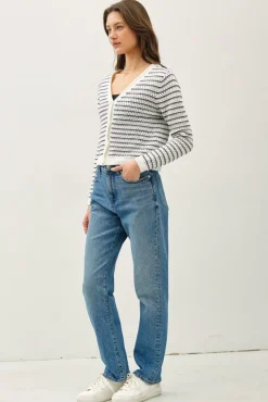 Robin Long Sleeve Button Down Stripe Print Knit Cardigan Navy