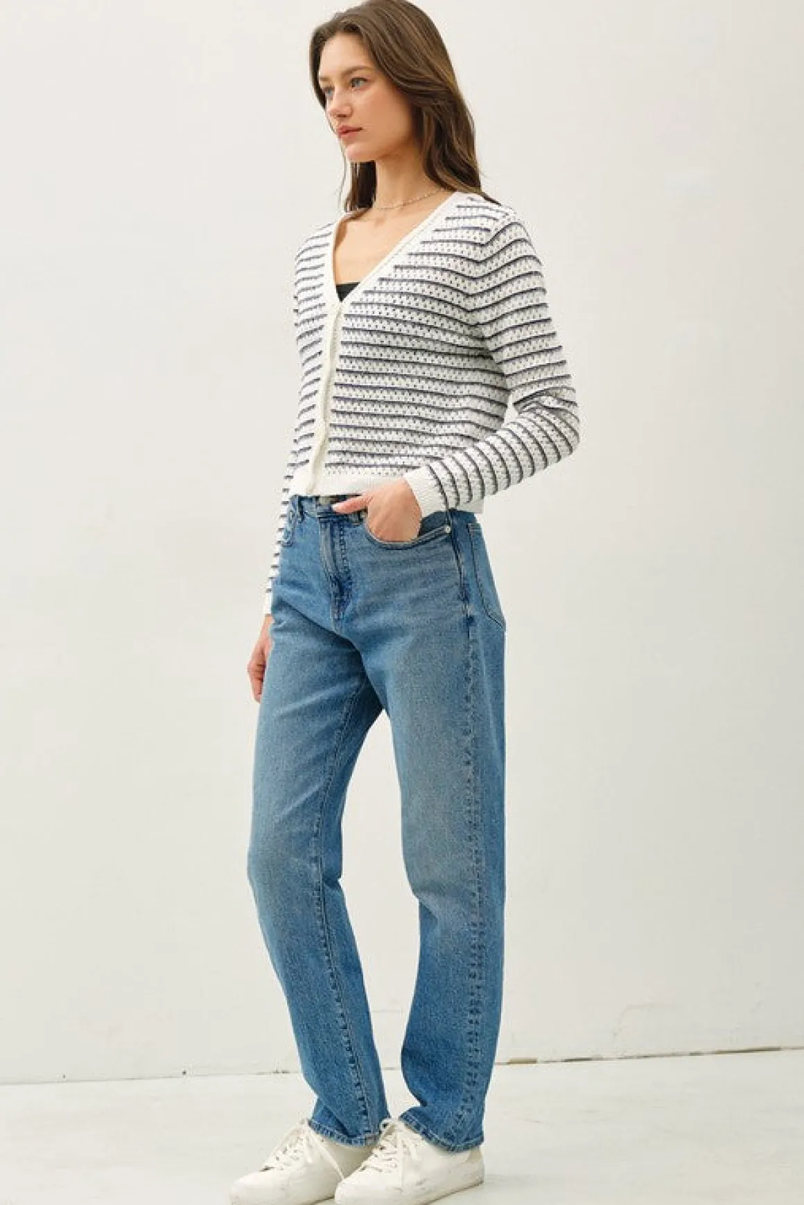 Robin Long Sleeve Button Down Stripe Print Knit Cardigan Navy