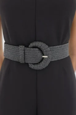Rosa Large Buckle Straw Waist Belt Black