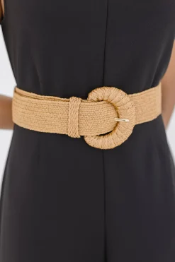 Rosa Large Buckle Straw Waist Belt Tan