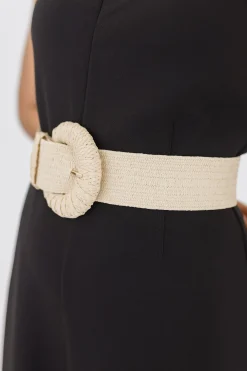 Rosa Large Buckle Straw Waist Belt Beige
