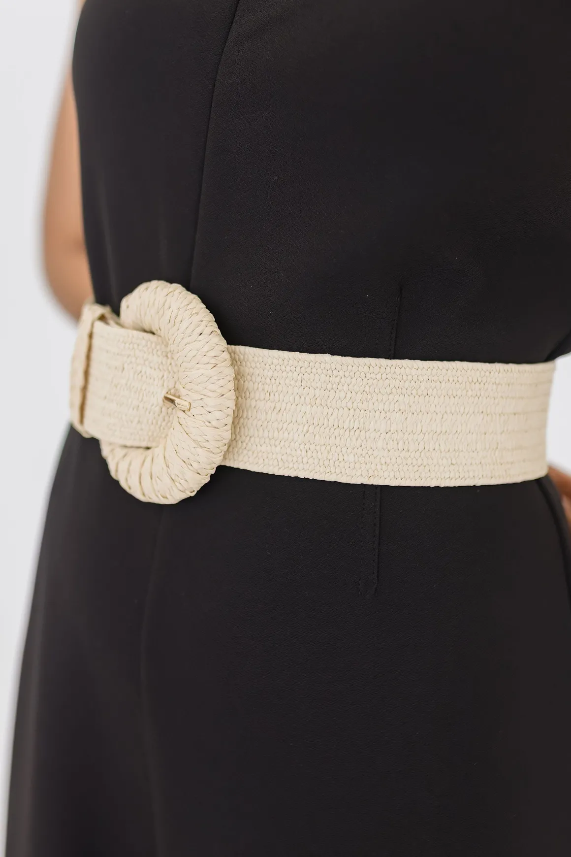 Rosa Large Buckle Straw Waist Belt Beige