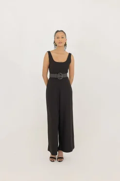 Rosa Large Buckle Straw Waist Belt Black