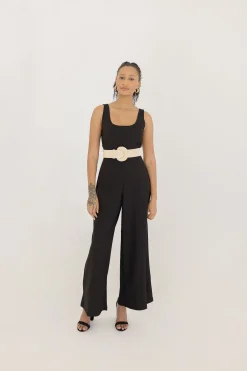 Rosa Large Buckle Straw Waist Belt Beige