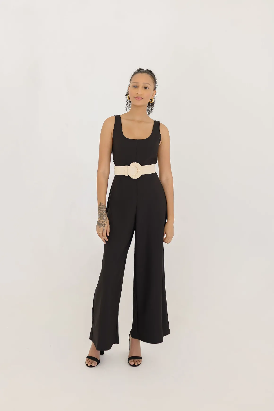 Rosa Large Buckle Straw Waist Belt Beige