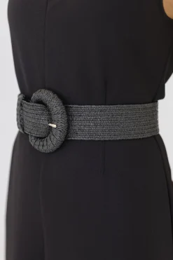 Rosa Large Buckle Straw Waist Belt Black
