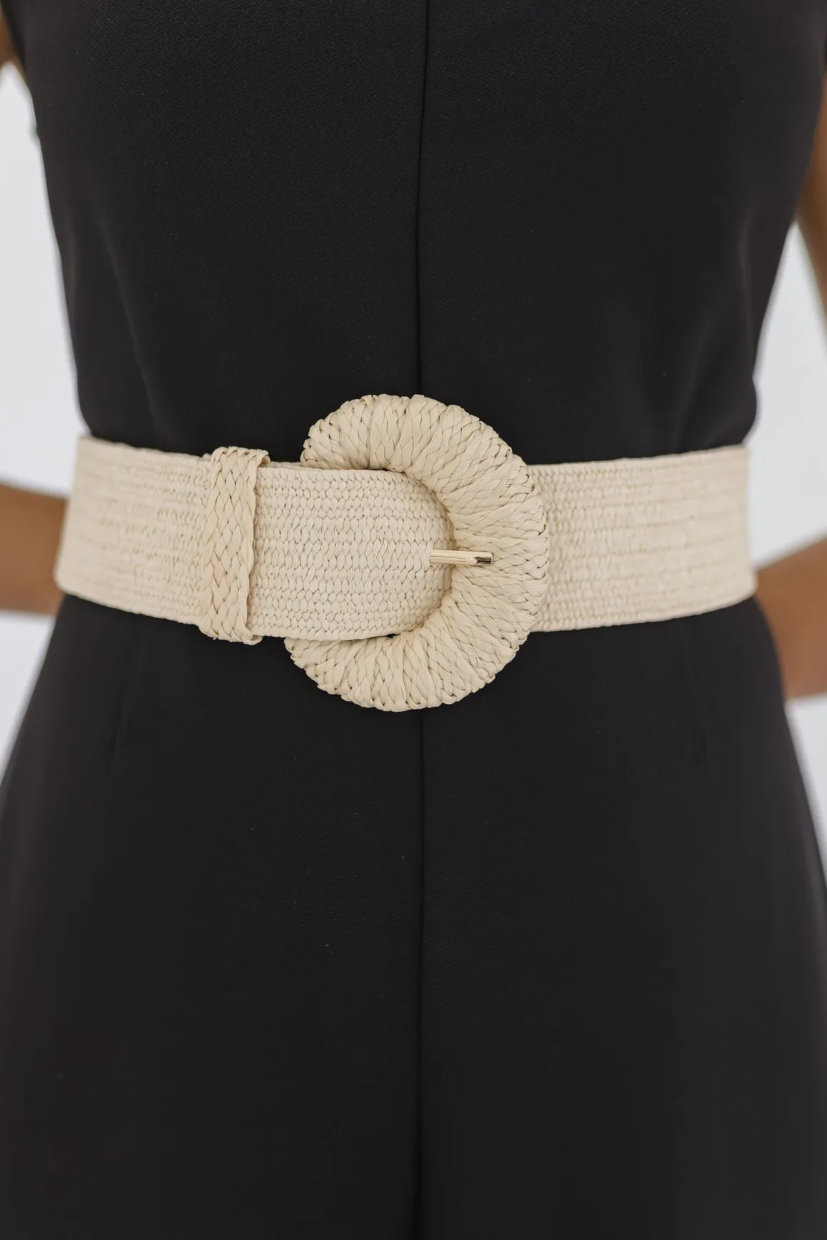 Rosa Large Buckle Straw Waist Belt Beige