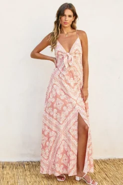 Roselyn Sleeveless Back Tie Paisley Scarf Print Maxi Dress Pink